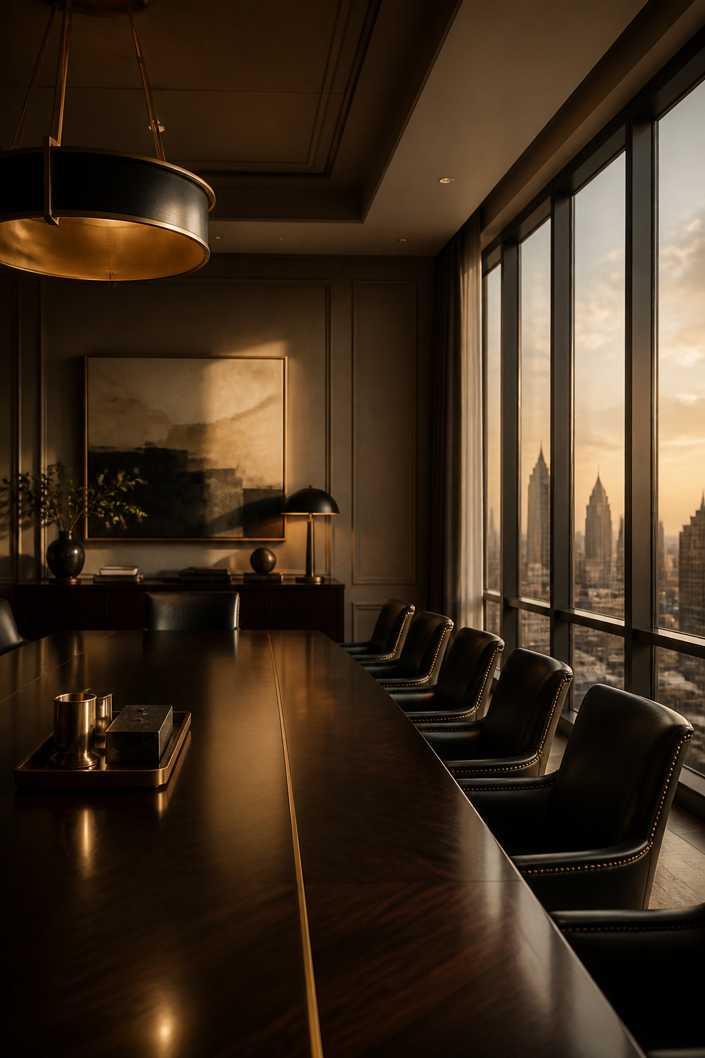 The boardroom of Mercer & Beekman overlooking the city at golden hour