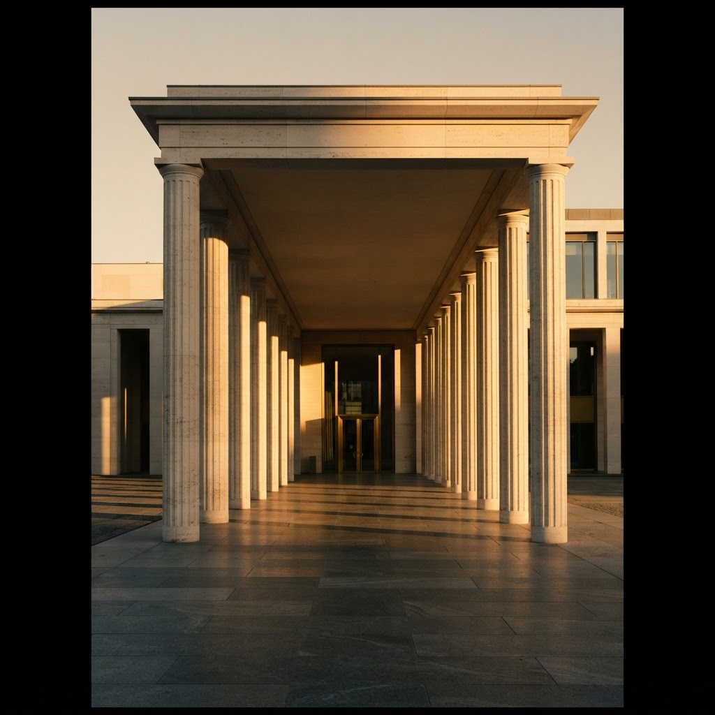 A courthouse colonnade at golden hour