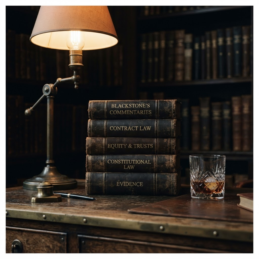 Leather-bound law books beside a brass desk lamp