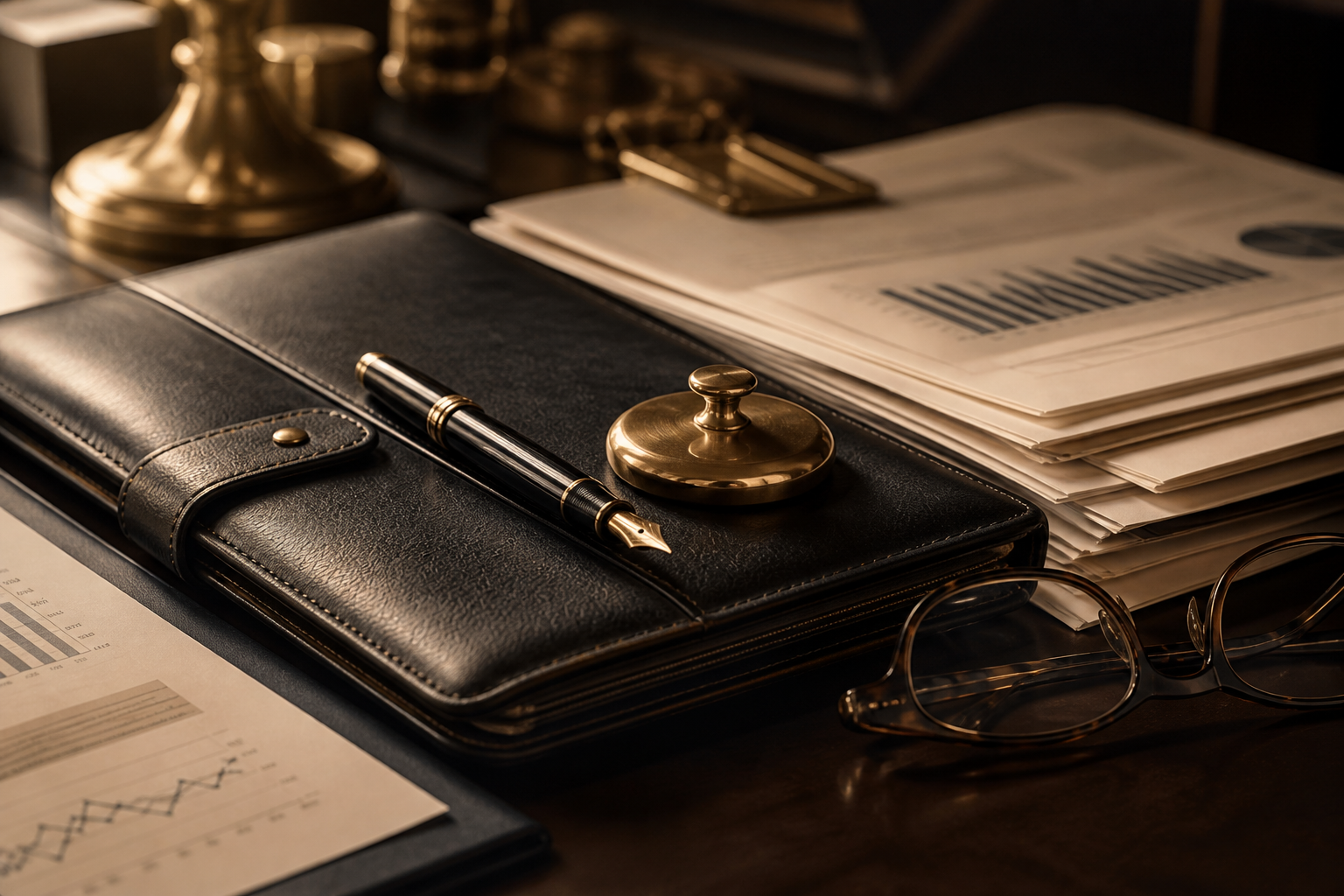 A leather portfolio and financial statements on a desk