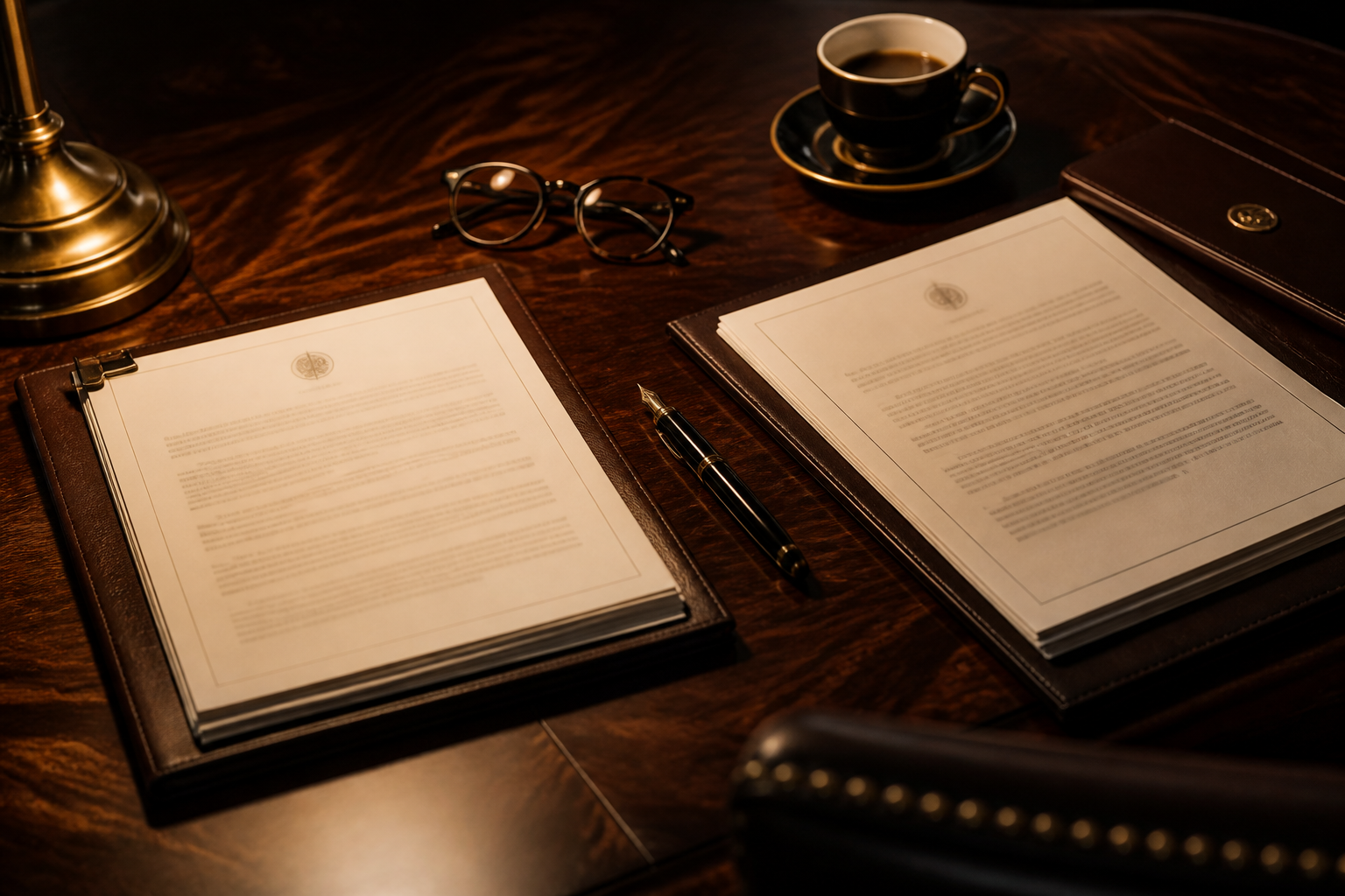 Legal documents laid out across a boardroom table