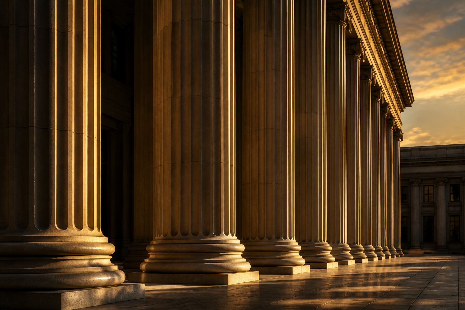 A neoclassical courthouse colonnade at golden hour
