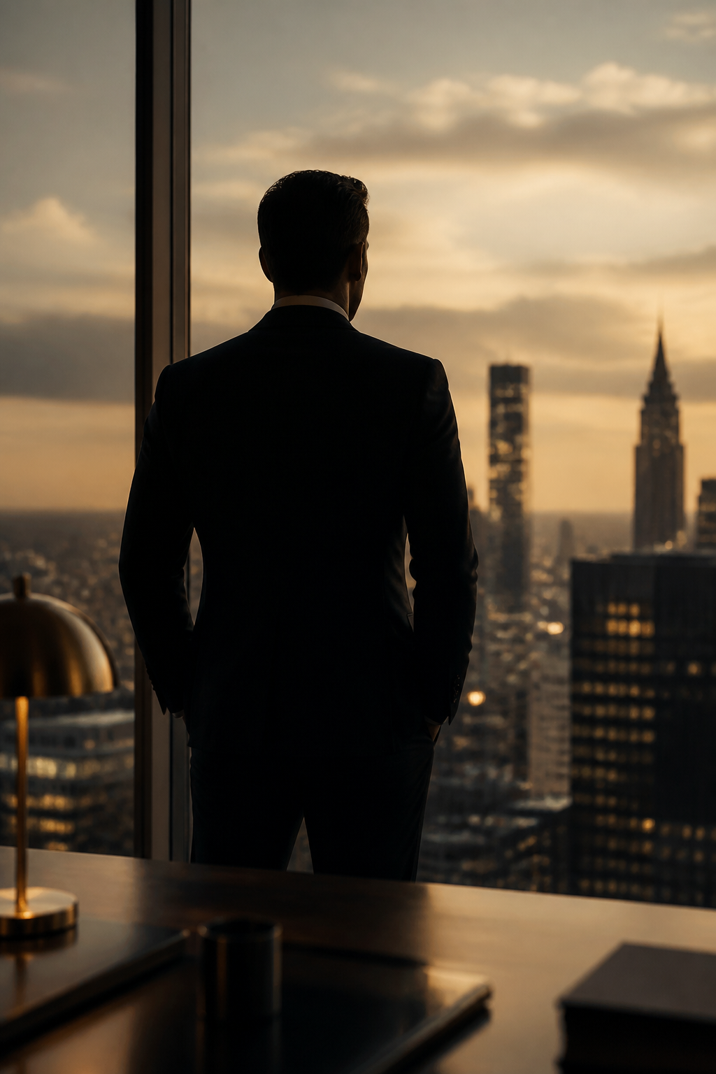 An executive looking out over the city at dusk
